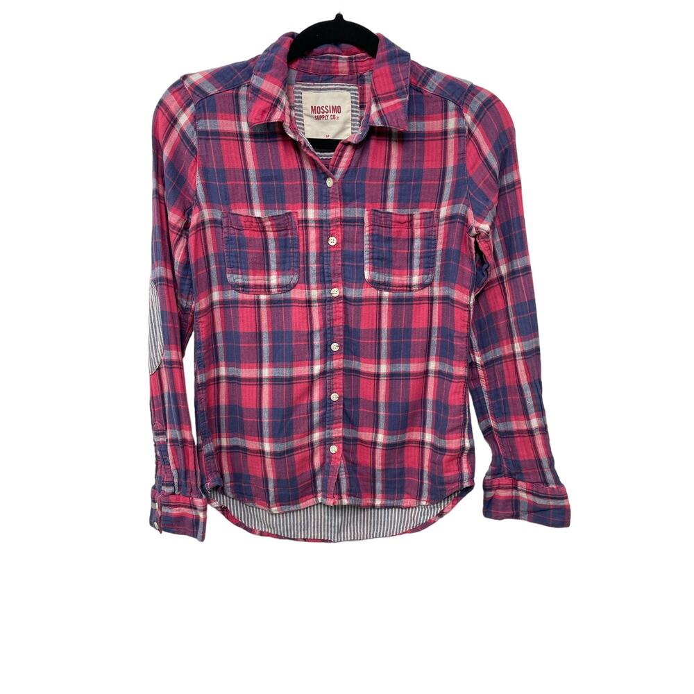 Mossimo Supply Button Up Pink Plaid Shirt Top Blouse Elbow Patch S Country‎ Gorp